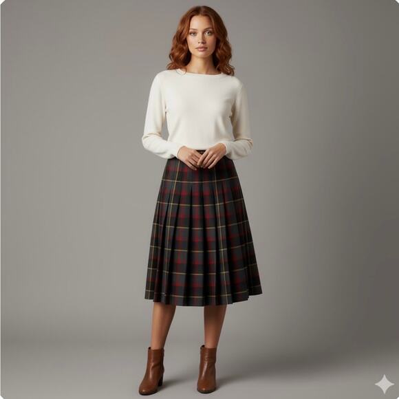 Vtg Pendleton 100% Wool Plaid Skirt 18 Midi Green Red Holiday USA Academia Retro - Picture 1 of 7